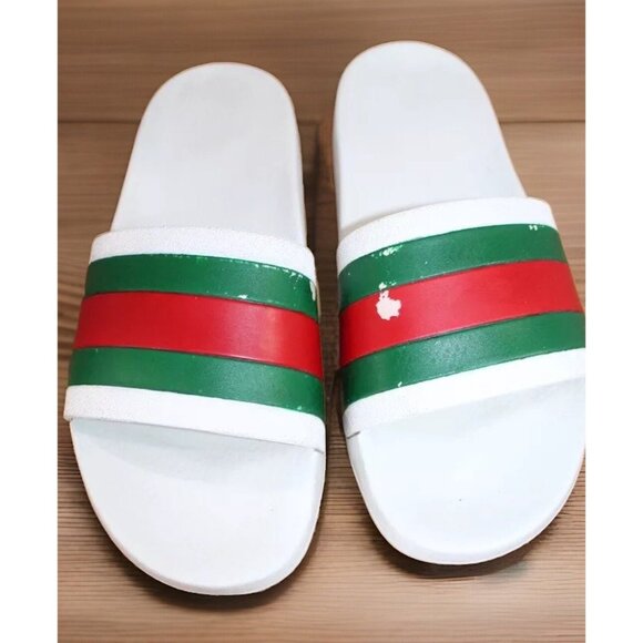 Gucci Men's Size 12 G / 13 US Pursuit 72 Pool Slide White Striped 100% Authentic - Picture 1 of 13